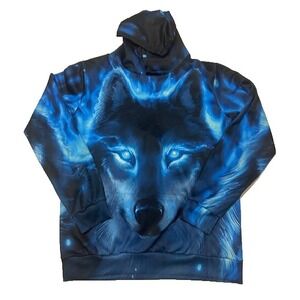 Men's 3D Wolf All Over Print Blue Hoodie Long‎ Sleeve Pockets - Size S/M